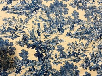 Elegante fluwelen stof in blauw Toile de Jouy met typisch
