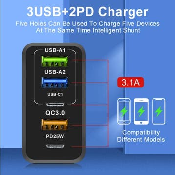 5-Poort GaN Stekkerlader 65W - PD / Quick Charge 3.0 / USB, Verzenden