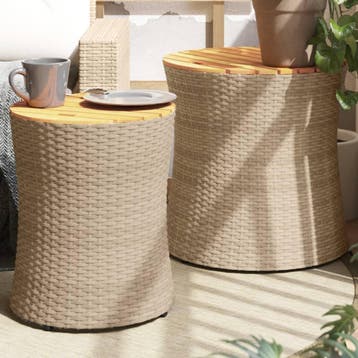 vidaXL Tuinbijzettafels 2 st met houten blad poly rattan, Tuin en Terras, Tuintafels, Verzenden, Nieuw
