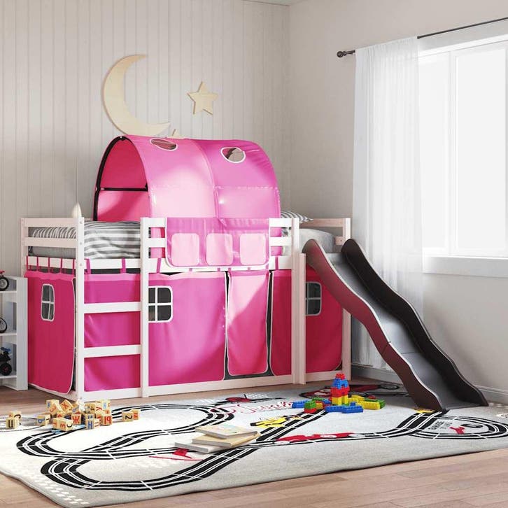 vidaXL Stapelbed met glijbaan en gordijnen roze 90x200 cm, Maison & Meubles, Chambre à coucher | Lits, Envoi