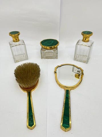 Kaptafelset - Glas, zilver 800, goudgeplateerd, Malachiet, Antiek en Kunst
