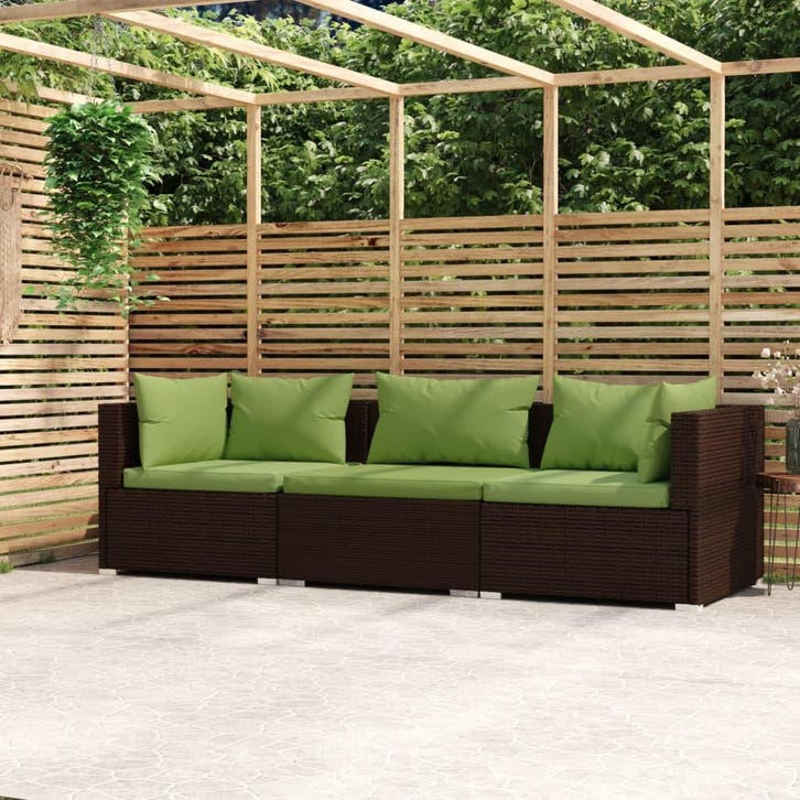 vidaXL Bank 3-zits met kussens poly rattan bruin, Jardin & Terrasse, Ensembles de jardin, Envoi