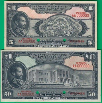 Ethiopië. - 5, 50, 100 Dollars - ND (1945) - Printers