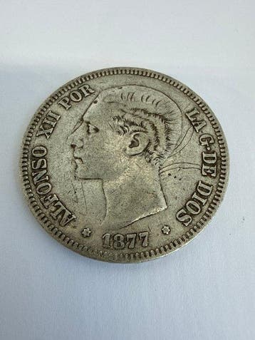 Spanje. Alfonso XII. 5 Pesetas 1877 DEM (Zonder