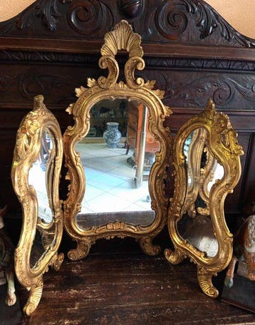 Spiegel - Hout, Goud, Glas - Kaptafelspiegel met drie