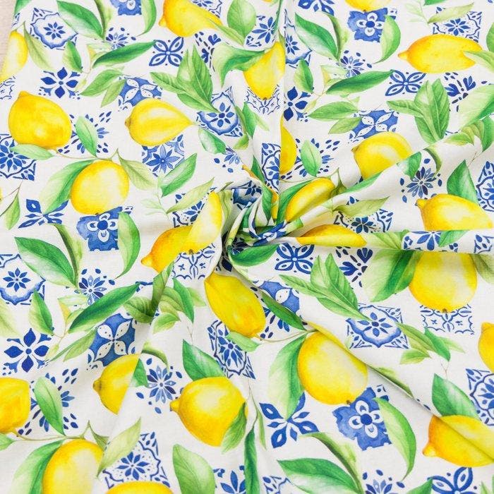 AA159 - Decoratieve stof Amalfi - Citroenen - Meubelstof -, Antiek en Kunst, Antiek | Tapijten, Tafelkleden en Textiel