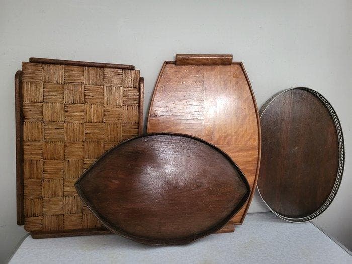 Dienblad - Hout, koper metaal - Vier vintage houten, Antiek en Kunst, Kunst | Designobjecten