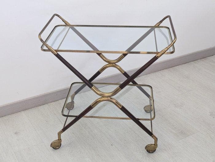 Serveerwagen - Hout, Messing, Glas, Antiek en Kunst, Kunst | Designobjecten
