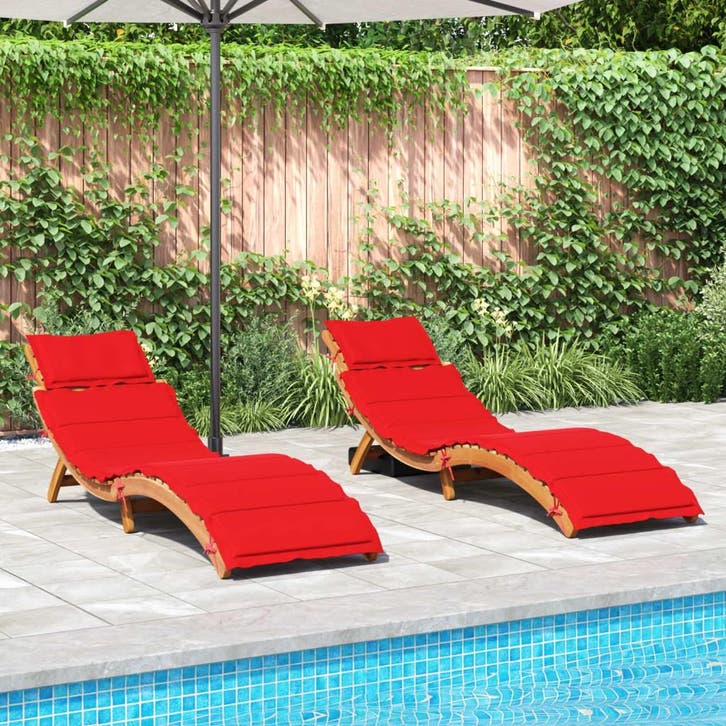 vidaXL Ligstoelen met kussens 2 st massief acaciahout rood, Jardin & Terrasse, Chaises longues, Envoi