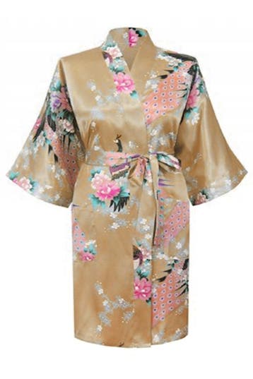 KIMU® Kimono Goud Kort L-XL Yukata Satijn Boven de Knie Kort, Kleding | Dames, Ophalen of Verzenden, Nieuw