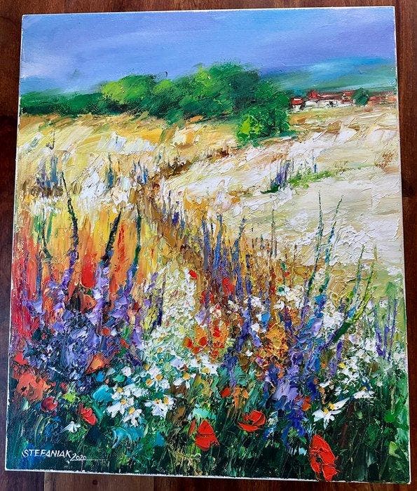 Malgorzata Štefaniak (XX-XXI) - Wiese, die nach Blumen, Antiquités & Art, Art | Peinture | Moderne