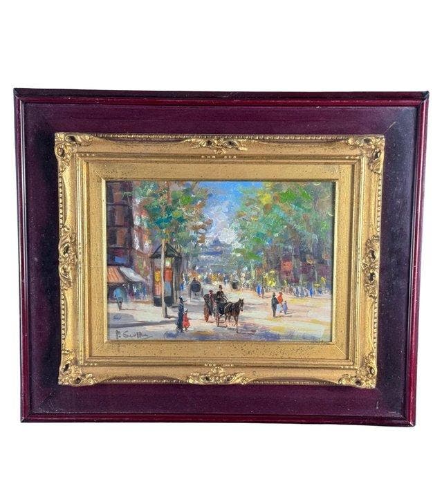 École italienne (XX) - Strada con personaggi, Antiek en Kunst, Kunst | Schilderijen | Klassiek