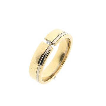 Bicolor gouden ring met diamant; 0,01 ct., Handtassen en Accessoires, Ringen, Gebruikt, Ophalen of Verzenden, 17 tot 18, Met edelsteen