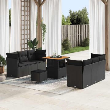 vidaXL Tuinbank Set met kussen 9 pcs Zwart poly rattan, Verzenden, Nieuw