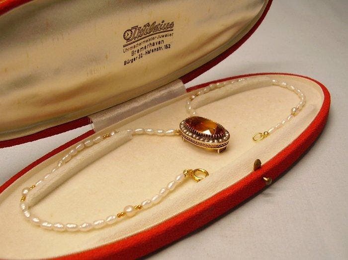 Halsketting Zilver, Verguld - 44.28ct. tw. Citrien - Parel -, Handtassen en Accessoires, Kettingen