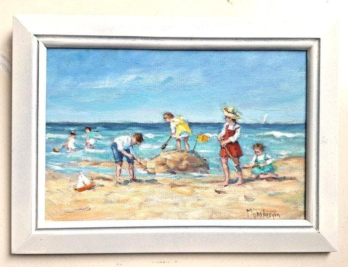 Mijnsbergen (1945) - Kinderen aan zee, Antiquités & Art, Art | Peinture | Classique
