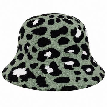 Bucket Hat Hoedje – Panterprint - Gebreid – Groen, Nieuw