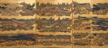 Byôbu  (vouwscherm) - Bladgoud, gelakt hout, zijde - Japan