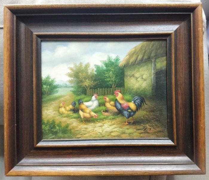Nederlandse school (XX) - Kippen en een haan, Antiquités & Art, Art | Peinture | Classique
