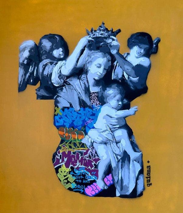 Quiona+ - ‘Virgin with Children’ XL, Antiquités & Art, Art | Peinture | Moderne