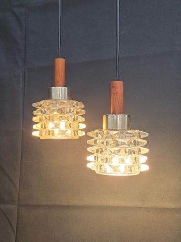 Plafondlamp (2) - Glas, Hout, Metaal - Midcentury