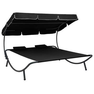 vidaXL Loungebed met luifel en kussens zwart, Jardin & Terrasse, Chaises longues, Verzenden