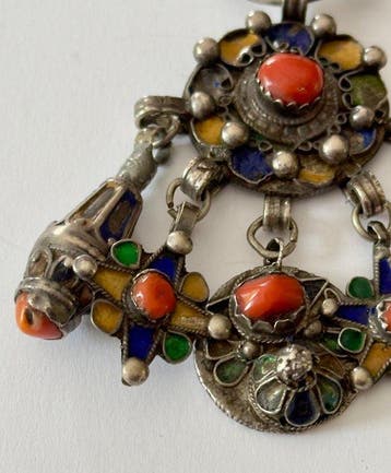 Bloedkoraal - Zilver - Fibula - Vintage fibule Kabyle