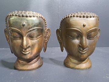 Statue, Twee Boeddha hoofden - 13 cm - Bronze, Antiek en Kunst
