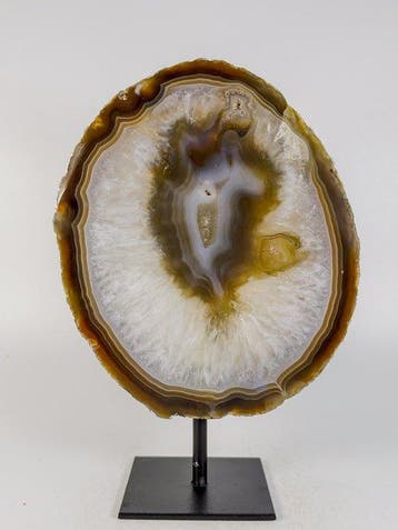 Very rare natural agate with crystal portal geode on stand