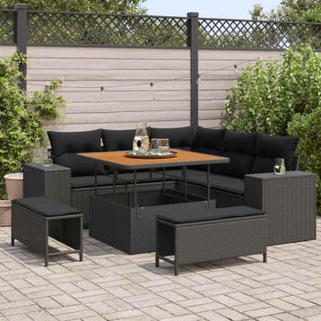 vidaXL Tuinbank Set met kussen 8 pcs Zwart poly rattan, Verzenden, Nieuw