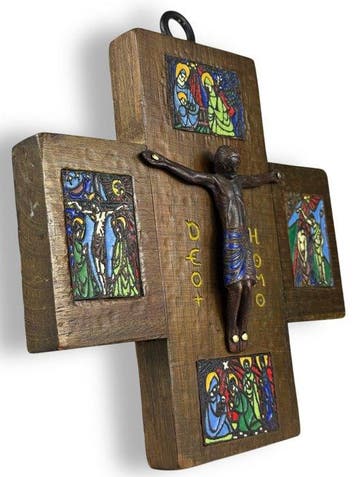 Crucifix - Brons, Emaille, Hout - 1950-1960, Antiek en Kunst