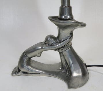 Lamp met dame en glas in lood - Lampe - Verre, Étain, Antiek en Kunst