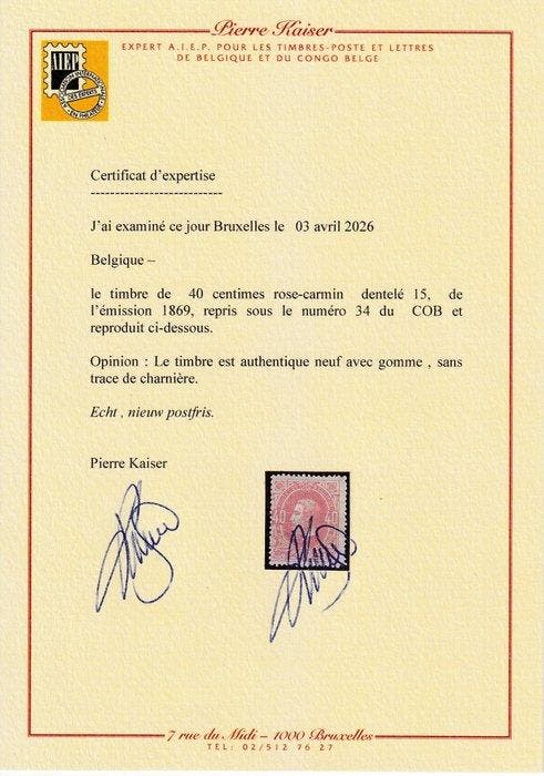 België 1870 - 40c Roze, Leopold II - met certificaat Kaiser, Postzegels en Munten, Postzegels | Europa | België