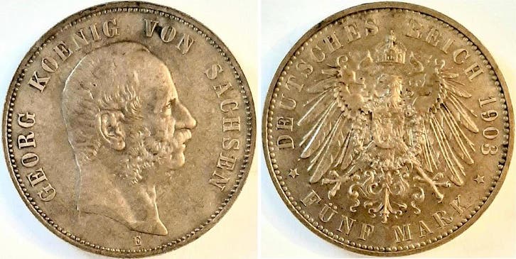 1904 Duitsland 5 Mark Sachsen Georg 1903 E herrlich leich..., Postzegels en Munten, Munten | Europa | Niet-Euromunten, België