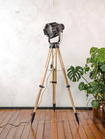 Lampadaire trépied - projecteur de scène - Métal, Bois -, Antiquités & Art