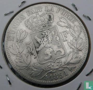 België 5 francs 1851 (zonder punt boven jaartal), Timbres & Monnaies, Monnaies | Belgique, Verzenden, Losse munt