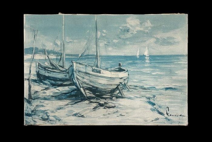 Europese school (XX) - Coastal Fishing Boats at Low Tide –, Antiek en Kunst, Kunst | Schilderijen | Klassiek