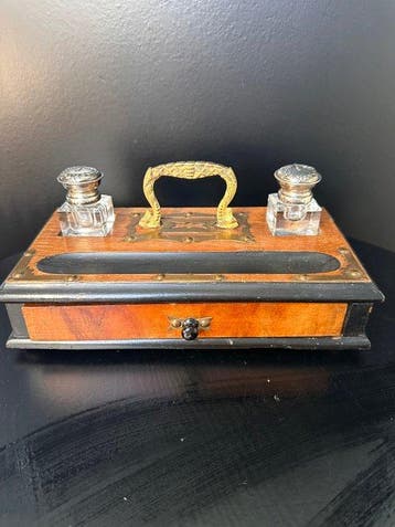 Inktpot - Ink set / Desk set - Hout, Messing, Zilver,