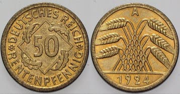 50 Rentenpfennig 1924 A Kleinmunten Weimarer Republik Wei..., Verzenden