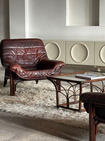 Fauteuil - Bamboe, Canvas, Leder - 2 stoelen & salontafel
