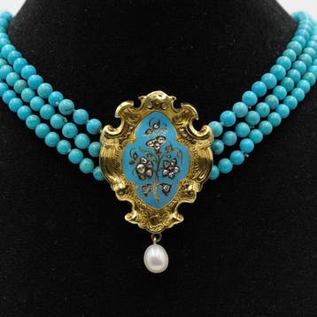 Ketting - 18 karaat Geel goud Turquoise - Diamant