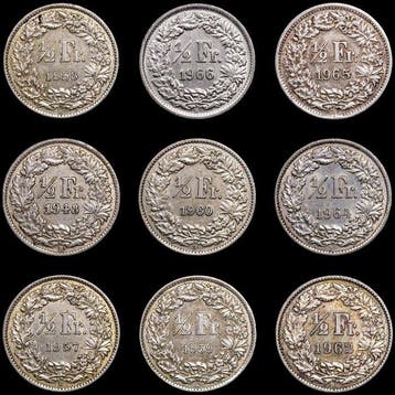 Zwitserland. 1/2 Franc 1948 -1966 / 9 Monedas (Zonder
