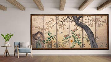 Vouwscherm met kersenbloesems - Zijde, Papier, Gelakt hout,