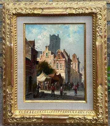 Adrianu Eversen (1818-1897) - Drukke marktdag, Antiek en Kunst