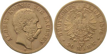 20 Mark 1876 E Sachsen Albert 1873-1902, Postzegels en Munten, Verzenden, België