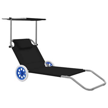 vidaXL Ligbed met luifel en wieltjes inklapbaar staal zwart, Tuin en Terras, Verzenden, Nieuw