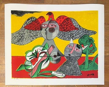 Corneille (1922-2010) - Chat, fleur et oiseau
