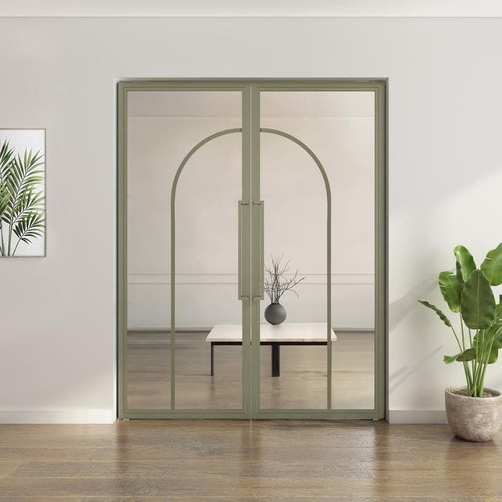 Dubbele stalen taatsdeur Olijfgroen 2 Vlaks rond Helder glas, Doe-het-zelf en Bouw, Deuren en Vliegenramen, Nieuw, Metaal, Overige typen