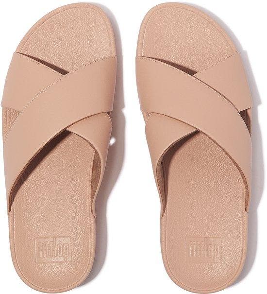 FitFlop Lulu Cross Slide Sandals Leather Vrouwen - Beigey..., Kleding | Dames, Schoenen, Nieuw, Verzenden