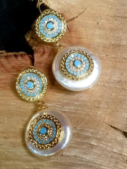 Natuurlijke grote muntparels, turquoise CZ pavé gezet,, Verzamelen, Mineralen en Fossielen